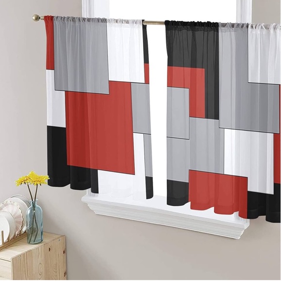 NWOT Sheer Curtains Size 52X63X2” Black Gray Red 2 Panel Drapes - Picture 4 of 8